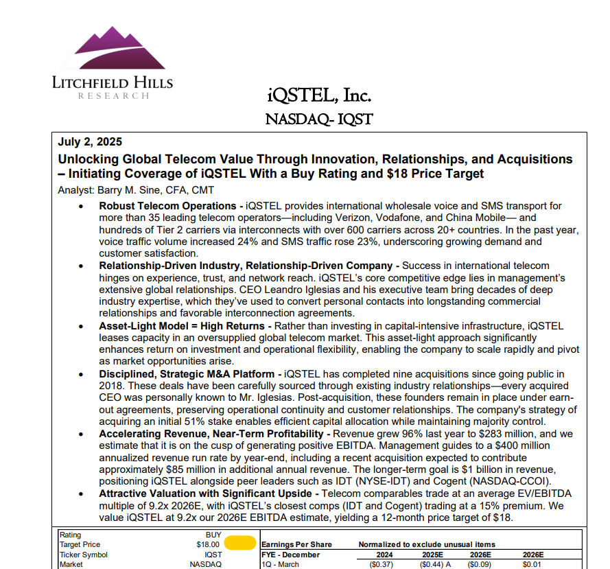 Litchfield Hills gives $IQST am $18.00 Target.